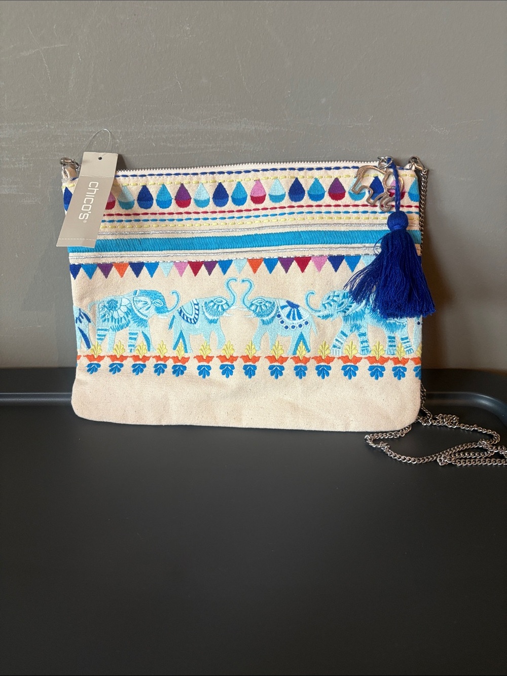 Chico's Blue Elephant Embroidered Crossbody with Tassel